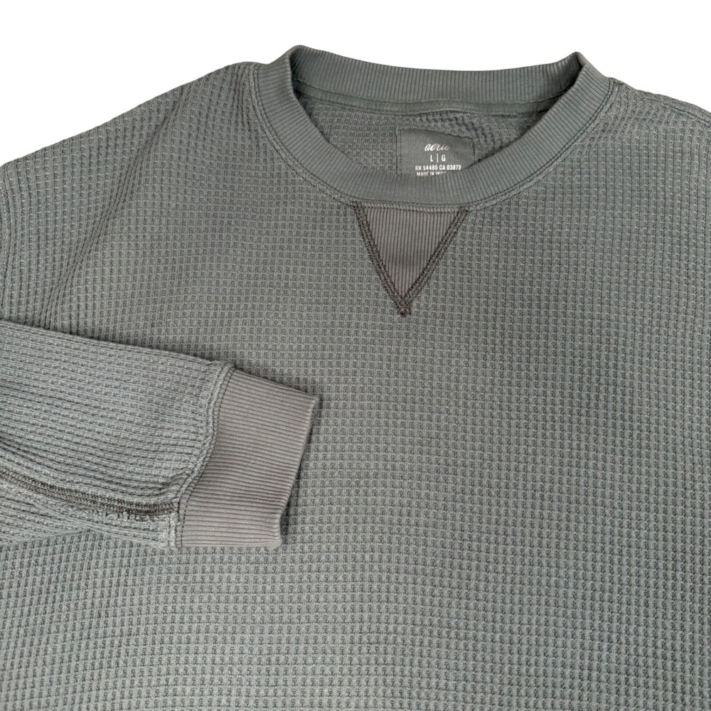 Aerie Waffle Knit Sweatshirt Sage Green Oversized Crew Neck Pullover Large